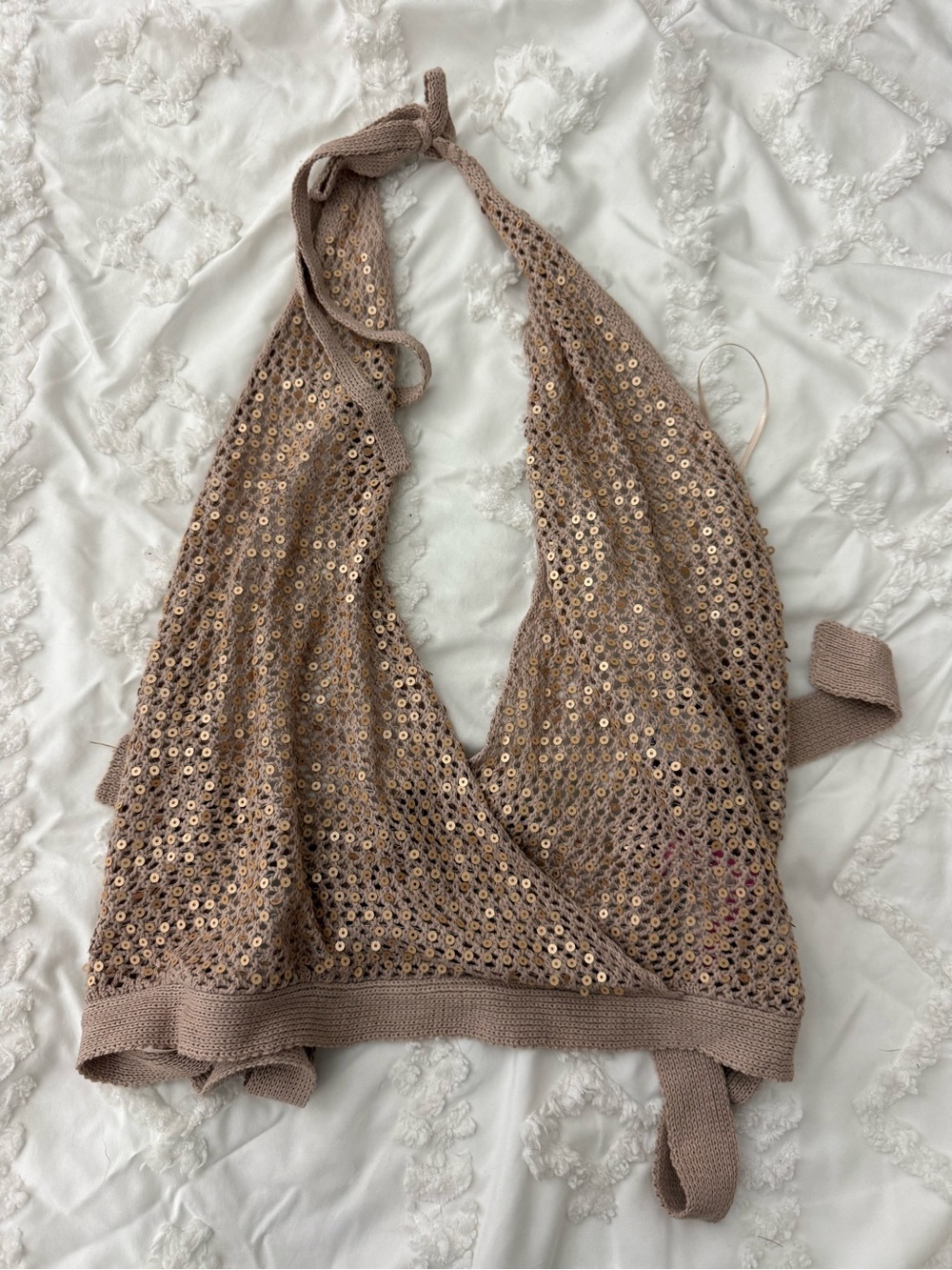 edikted Sequin Halter Knit Crop Top in Taupe